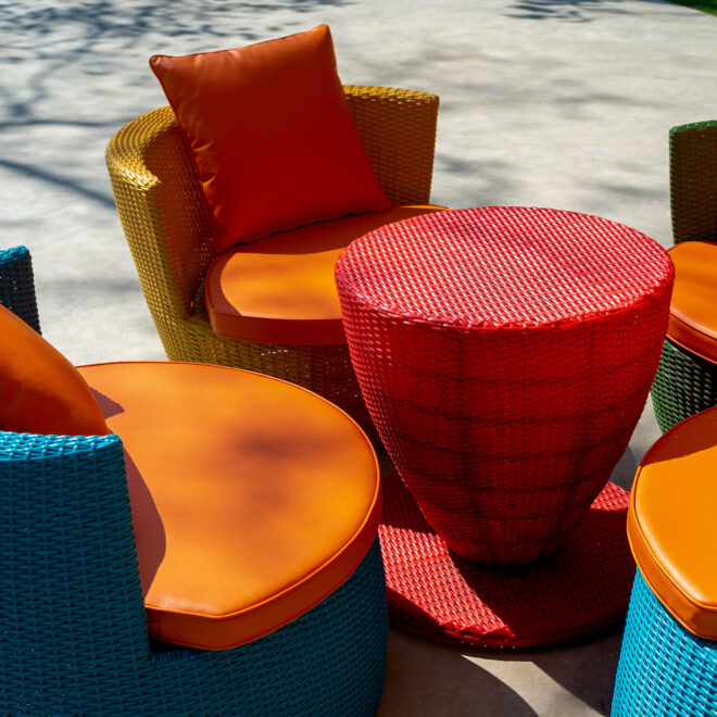 Rattan chairs of different bright colours