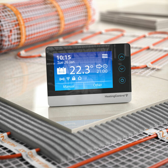 Underfloor heating. Heating climat control thermostat with mat elecric heating system, ceramic tiles and cement layers.