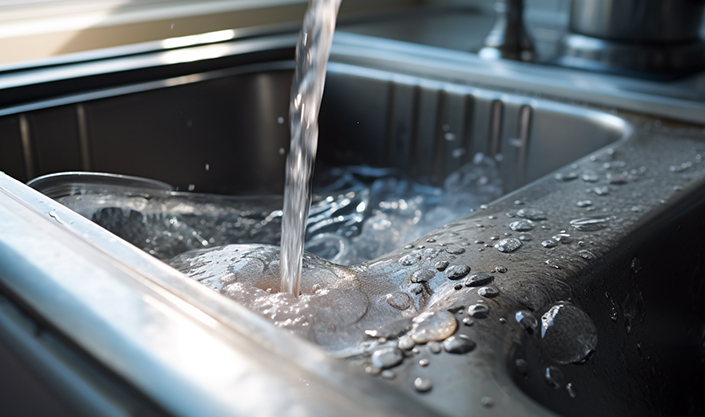 A  clogged sink with water backing up