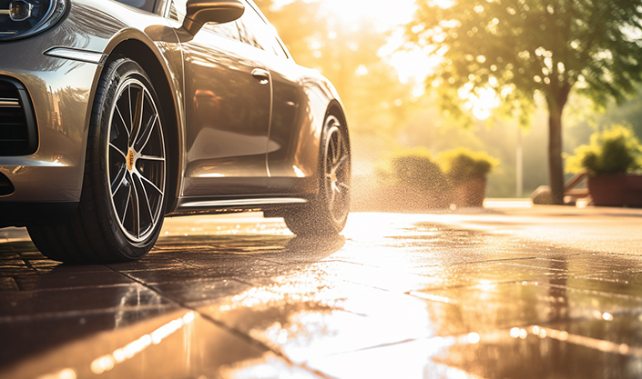 A pressure washed car and driveway