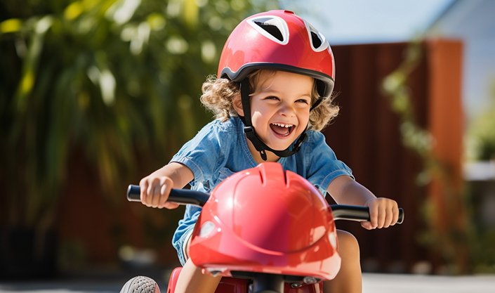 ride-on car safety helmet on smiling child