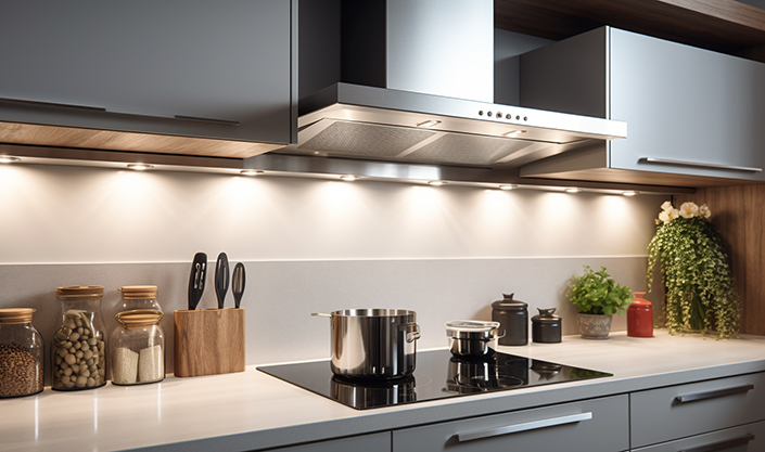 Cooker hood in beautifully clean kitchen