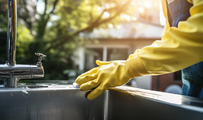 A person wearing gloves, ready to unclog a sink