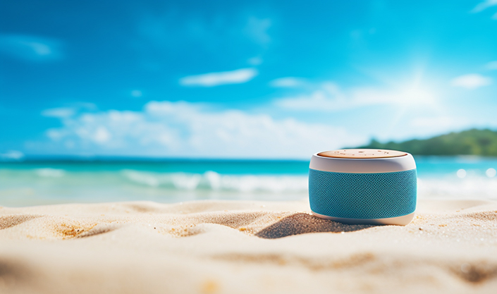 Bluetooth speaker on a beautiful beach 