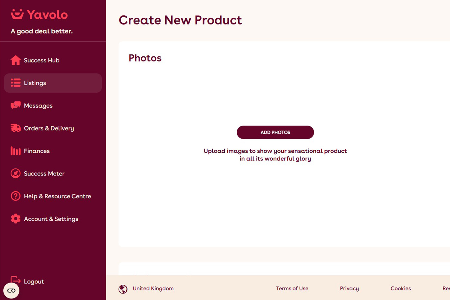 The Upload Product Page of Yavolo